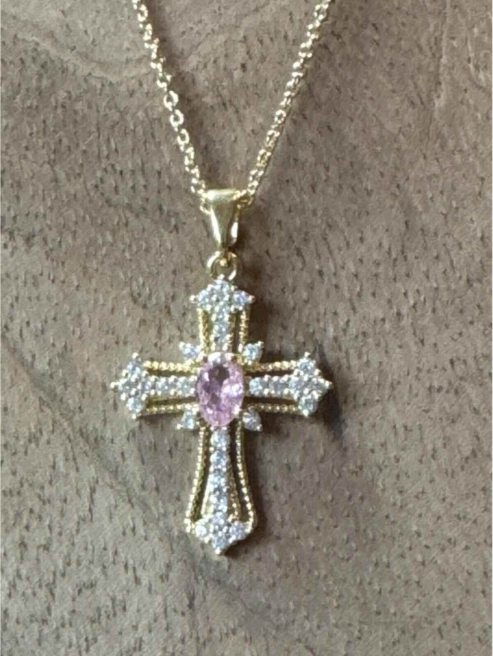 Gold-Tone Cross Pendant Necklace with Pink Center Stone
